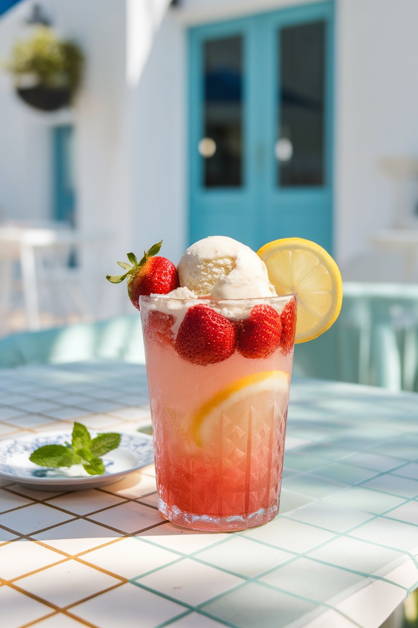 A refreshing Strawberry Lemonade Float in a glass with strawberries, ice cream, and mint on a sunny table.